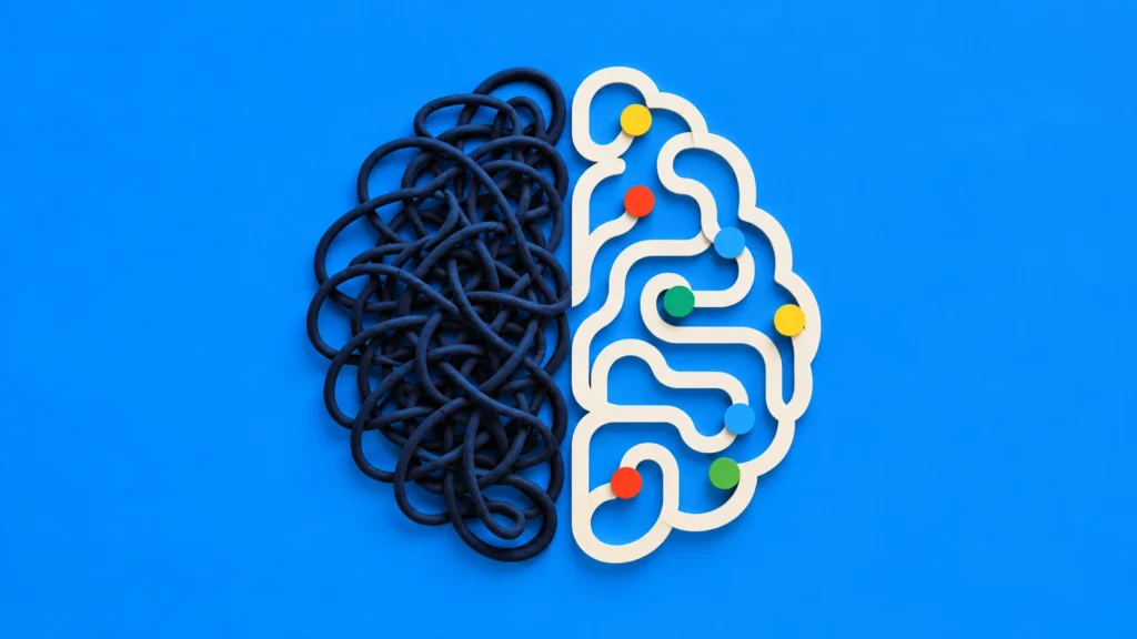 Mózg z chaotyczną i uporządkowaną półkulą symbolizujący overthinking i zwykłe analizowanie